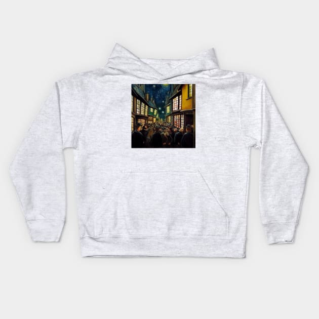 Starry Night in Diagon Alley Kids Hoodie by Grassroots Green